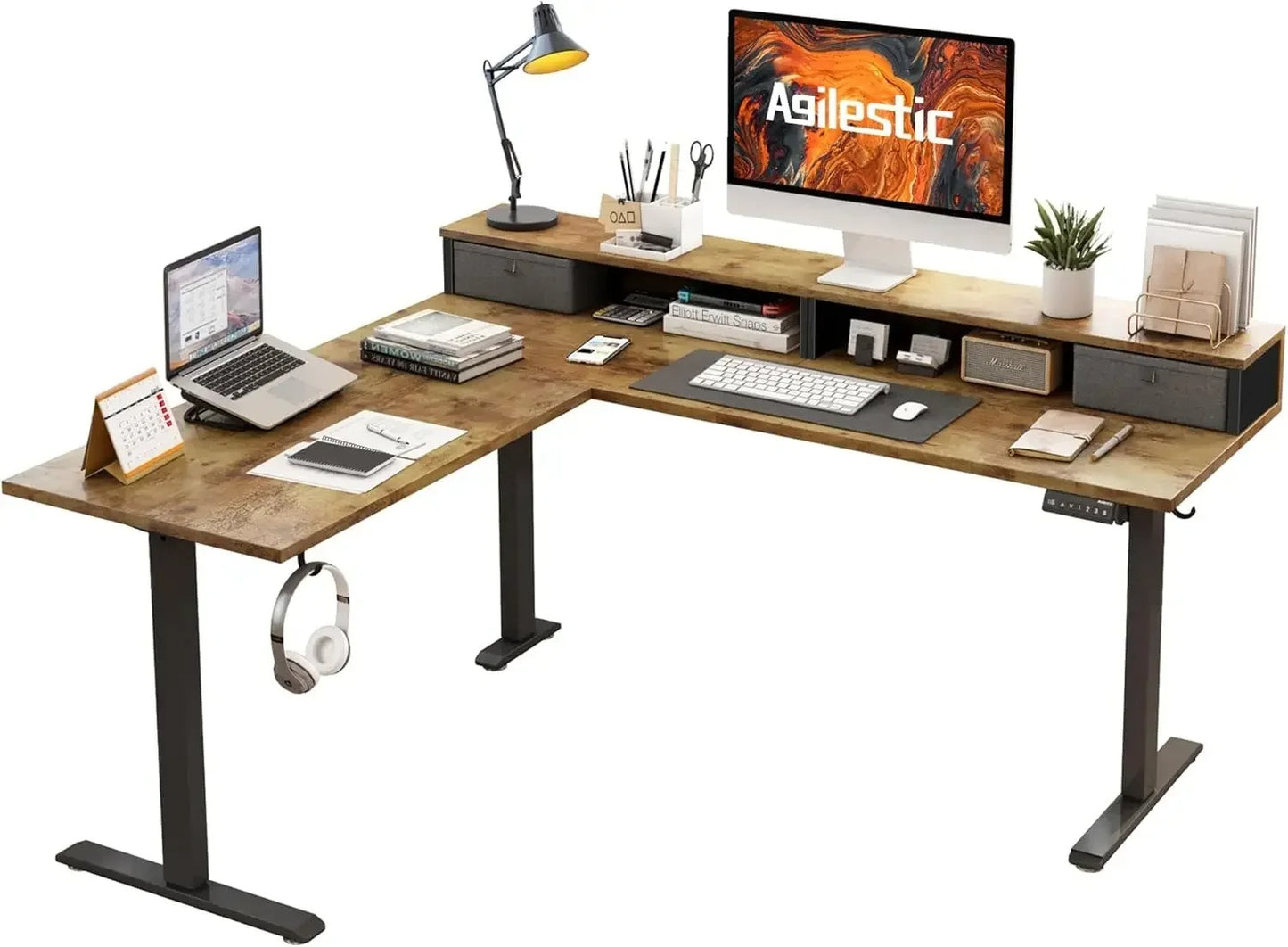 L Shaped Electric Standing Desk with 2 Drawers, 63 Inch Ergonomic Adjustable Sit Stand up Computer Table for Work Office Home