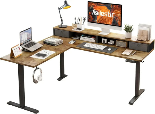 L Shaped Electric Standing Desk with 2 Drawers, 63 Inch Ergonomic Adjustable Sit Stand up Computer Table for Work Office Home