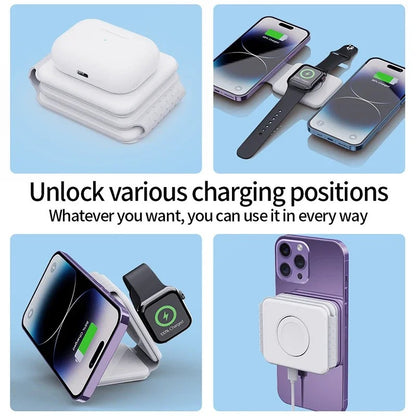 3-in-1 Wireless Charger for Multiple Devices Foldable Magnetic Fast Charge Stand for IPhone e/iWatch/AirPods Portable Charger Pad