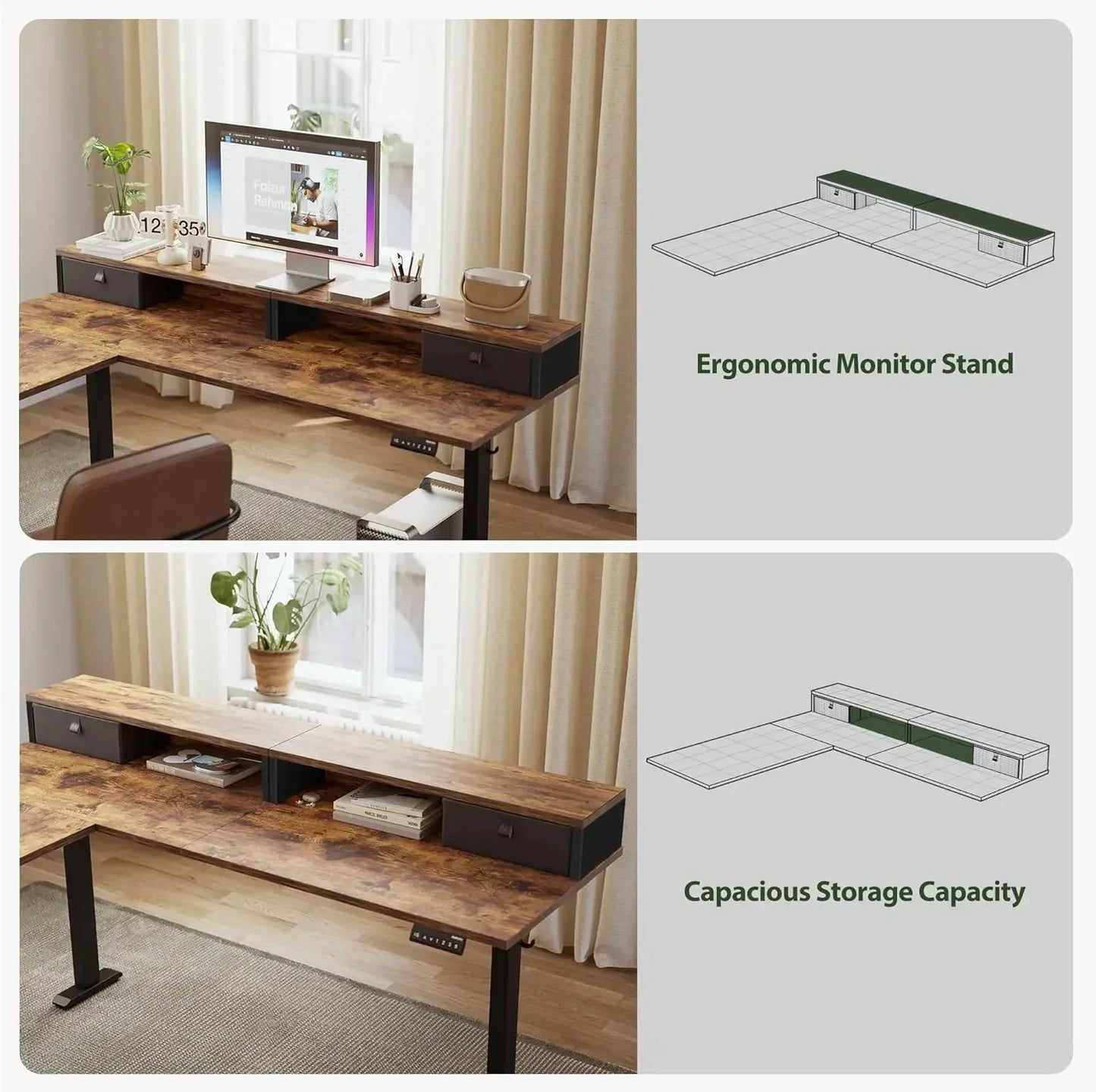 L Shaped Electric Standing Desk with 2 Drawers, 63 Inch Ergonomic Adjustable Sit Stand up Computer Table for Work Office Home